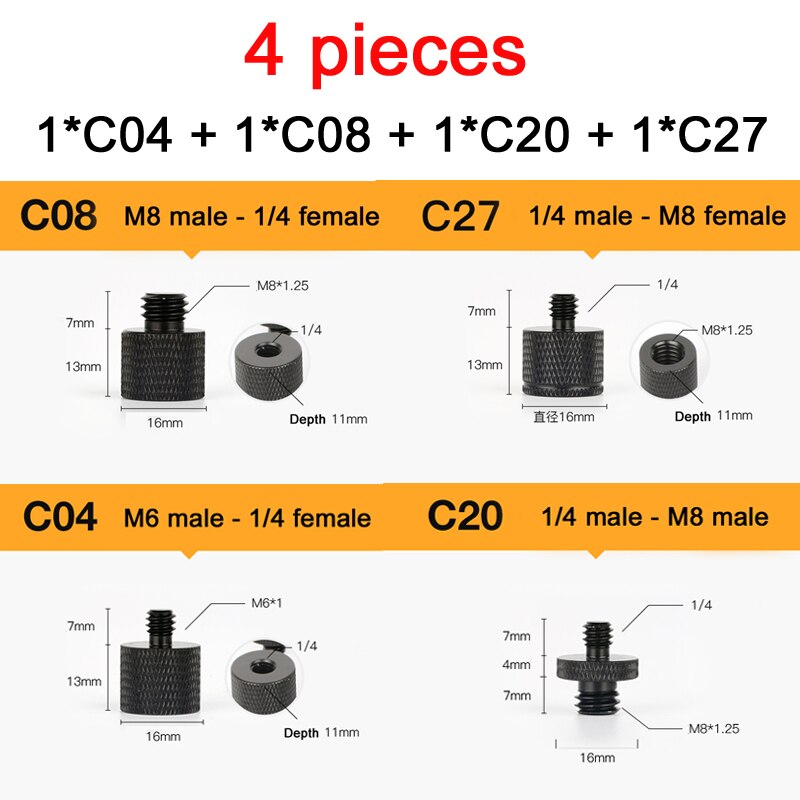 38 typ 1/4 3/8 M8 M6 męnarty na gwint żeńnarty śruba robić mocowania konwerter adapter statyw, lampa pierścieniowa, Selfie Stick, prowadnica, projektor: 4 sztuk