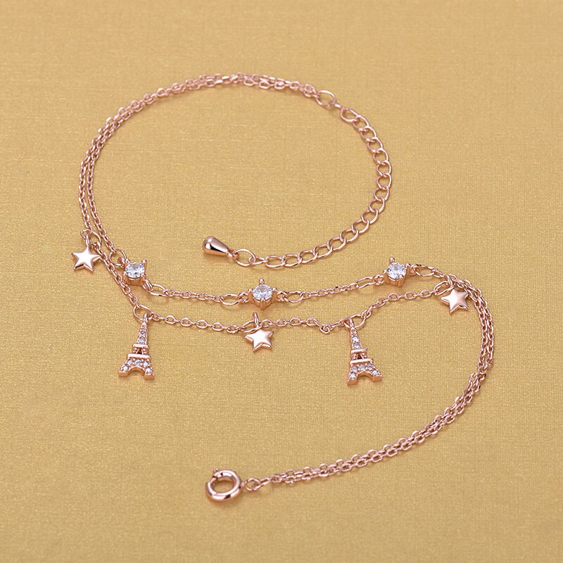 Korea Style Rose Gold Rhinestone Crystal Star Eiffeltoren Charm Enkelbanden Sieraden Voor