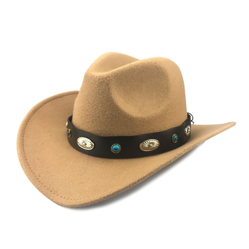 Yy retro vestlig cowboyhatt vinter med bredt metall pu lærbelte trilby caps menn kvinner rullebrett fedora jazz panama  yy20073: kamel cowboy retro