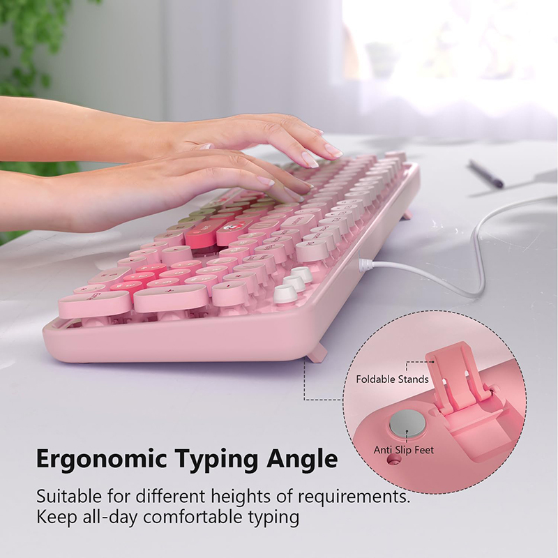 Ergonomic USB Plug and Play Wired Keyboard 104 Keys Full size Coloful Retro Round Cute Keycaps Wired Keyboard for WinXP/7/8/10