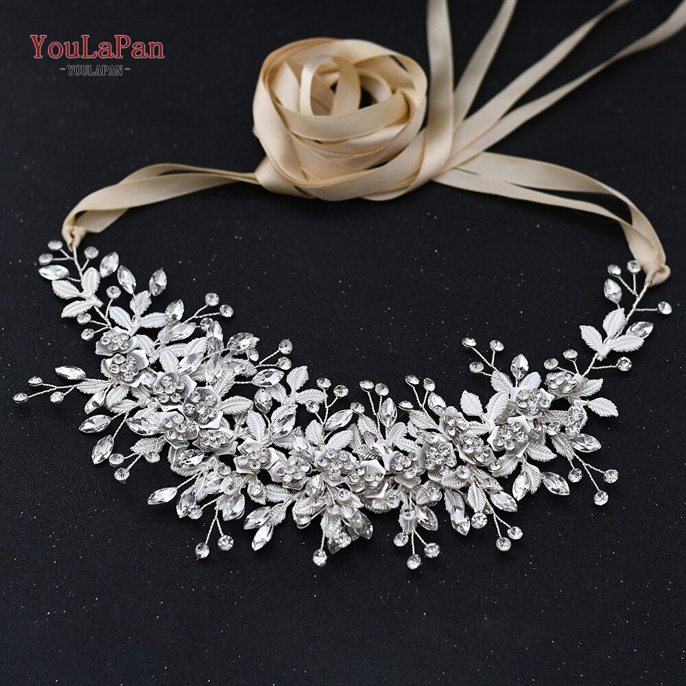 YouLaPan SH349 Wedding Sash Bridal Belts White Ribbon Bridal Sash Rhinestone Bridal Belt Handmade Silver Crystal Wedding Sashes: Champagne ribbon