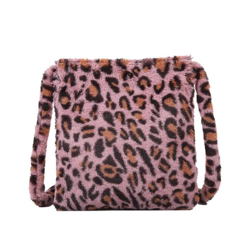 Leopard print crossbody bag kvinner plysj myk casual skulder messenger bag fluffy kvinnelig veske: Rosa