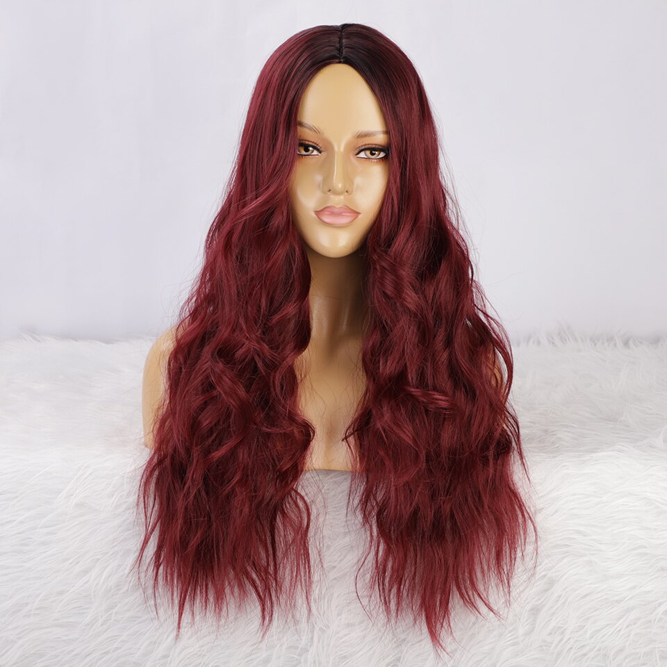 Krachtige Lange Golvende Pruiken Ombre Platina Blon Natuurlijke Haar Deel Synthetische Pruiken Voor Vrouwen Lijmloze Cosplay Hittebestendige Party Pruik: Red