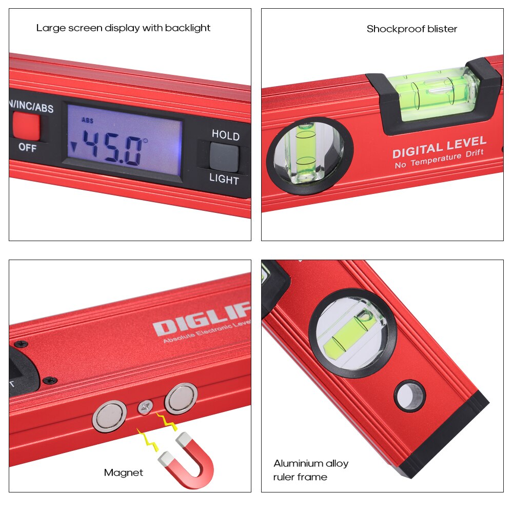 Digital Leveling Instrument 0-90°Angle Finder Level Meter Absolute Electronic Level Position with Vertical & Horizontal Bubble