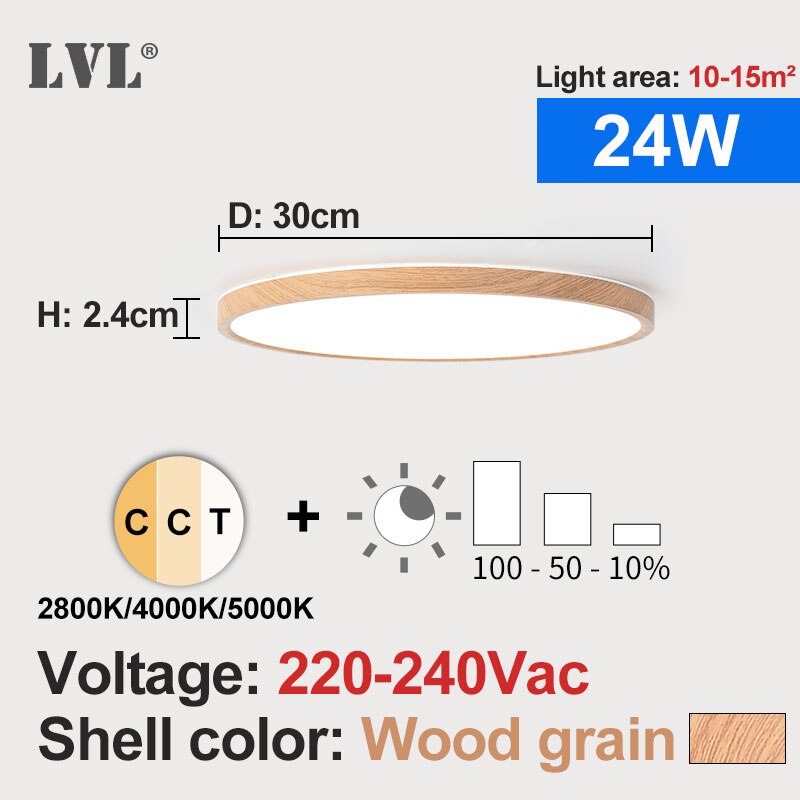 Led Dimbare Paneel Licht 12W 18W 24W 32W 220V Preset 2800K 4000K 5000K Voor Slaapkamer Woonkamer Badkamer Moderne Panel Licht: Wood grain-24W