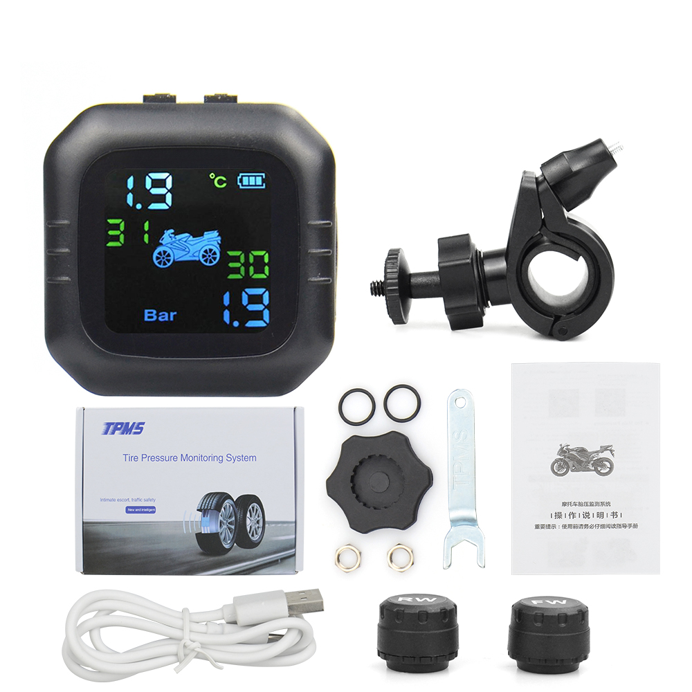 Solar Wireless Motorcycle LCD Tire Pressure Monitoring System TPMS 2 External Sensor Realtime Monitor Abnormal Alarm Moto Tyre