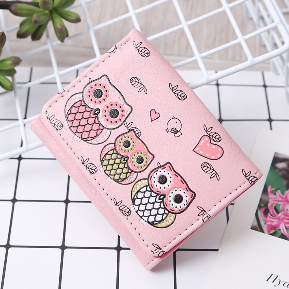 Porte-monnaie en Faux cuir pour femmes et filles, Mini portefeuille à trois volets, motif de hibou de dessin animé