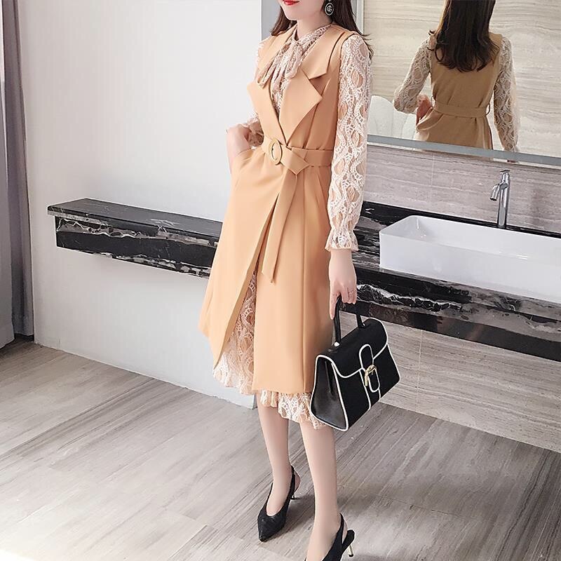 Spring Two Piece Set Women Clothes Full Sleeve Slim Lace Dress And Sleeveless Long Coat With Belt Vogue OL Style Suit