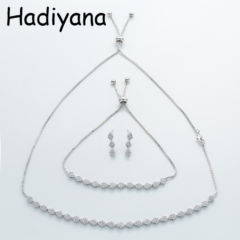 Hadiyana ovale ketting met zirkonia, sieradenset voor dames, koperen ketting, armband en oorbellen, set van  tz8054