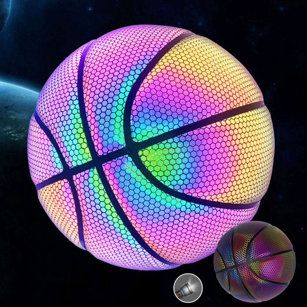 Glowing Basketball Luminous Basketball Cement Floor Individual Holographic Reflective PU Leather Basketballs Night Game Street