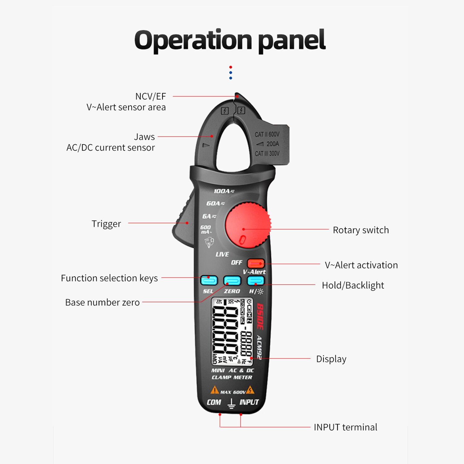 Digital Clamp Meter DC AC Current 100A 0.1/1mA Car repair Ammeter Multimeter voltage Ohm Hz NCV Continuity Tester BSIDE ACM92