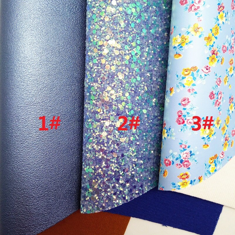 Blauw Glitter Fabirc, Bloemen Gedrukt Faux Leer Stof, synthetisch Leer Stof Lakens Voor Boog A4 8 "X 11" Twinkling Ming XM375: 1 set