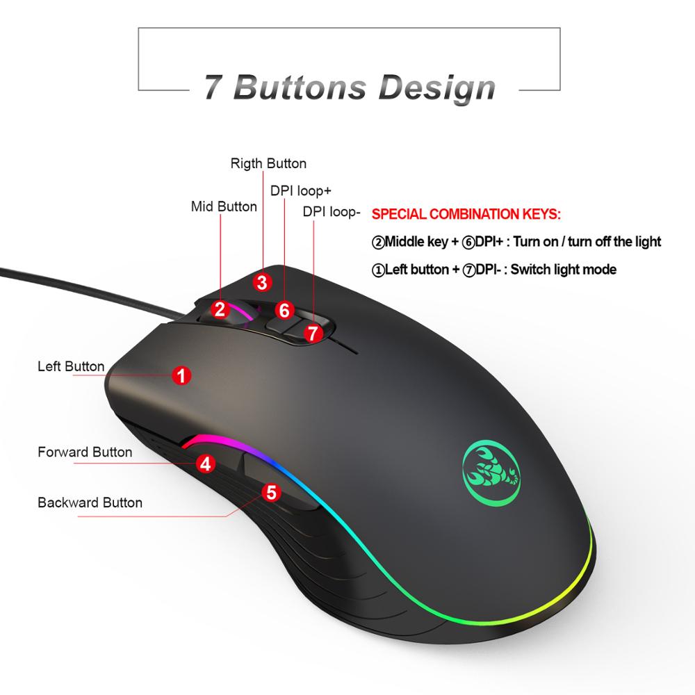 Ratón ergonómico con cable RGB para juegos, Mouse óptico USB para ordenador portátil, ajustable, 7 botones, 6400 DPI