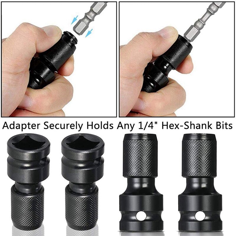 4 Pcs Impact Adaptor 1/2 Square Drive to 1/4 Hex Shank Socket Adapter with Adjustable Hook Wrench C Spanner Tool