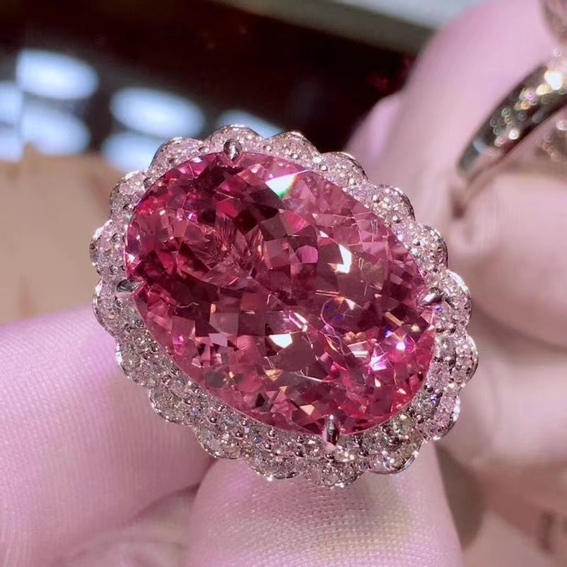 Anillos abiertos ovalados de lujo para mujer, incrustaciones de circonia cúbica rosa, Europa América, de boda, joyería de , delicada