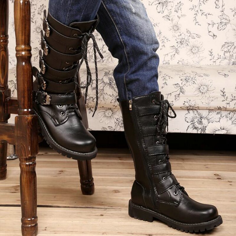 Män motocross stövlar motorcykel skor pu läder rock mid-calf spänne motorcykel stövlar punk skor motorcykel stövlar oo -79