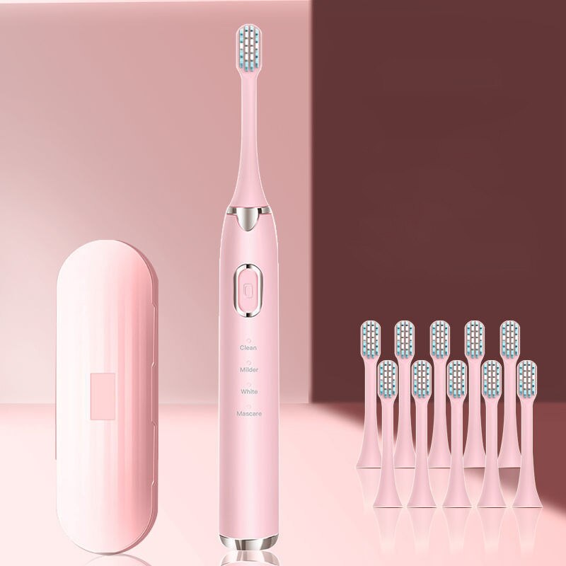 Electric Toothbrush USB Rechargeable Support 4 Modes 3 Intensions IPX7 Waterproof Adult Toothbrush Automatic Sound Wave: Pink 10Bush