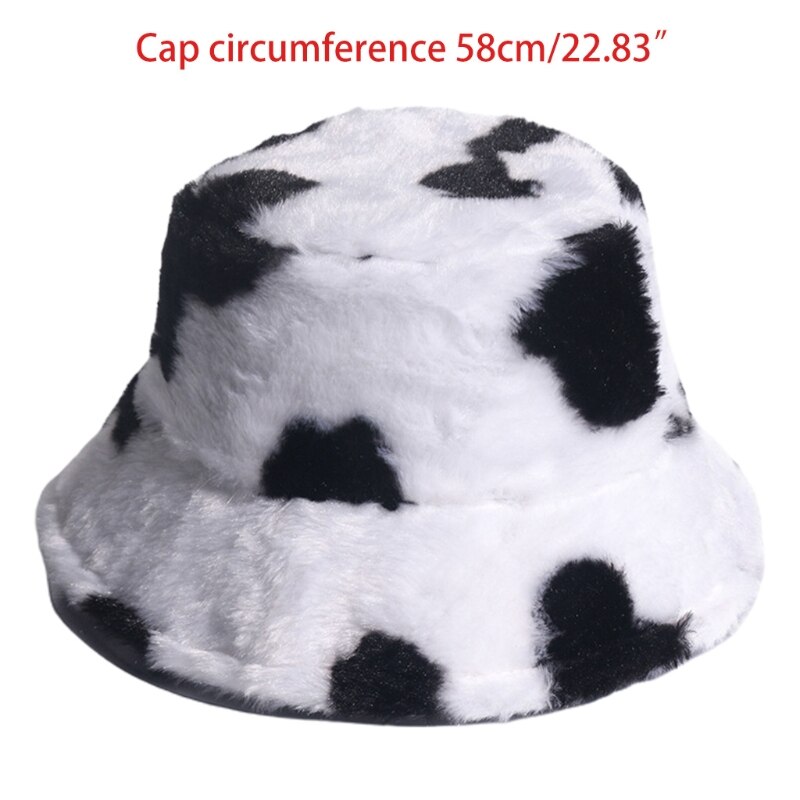 Kvinder vinter varm fluffy overdådig spand hat mælk ko print panama fisker kasket  lx9e
