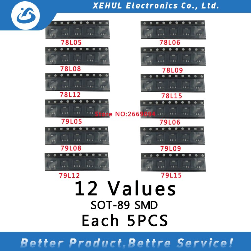 SOT-89 SMD transistor Assortiti KIT Totale 12 tipi X5pcs = 60pcs contiene 78L05 78L06 78L08 78L09 78L10 78L12 78L15 79L05 79L15: 12 Values each 5pcs