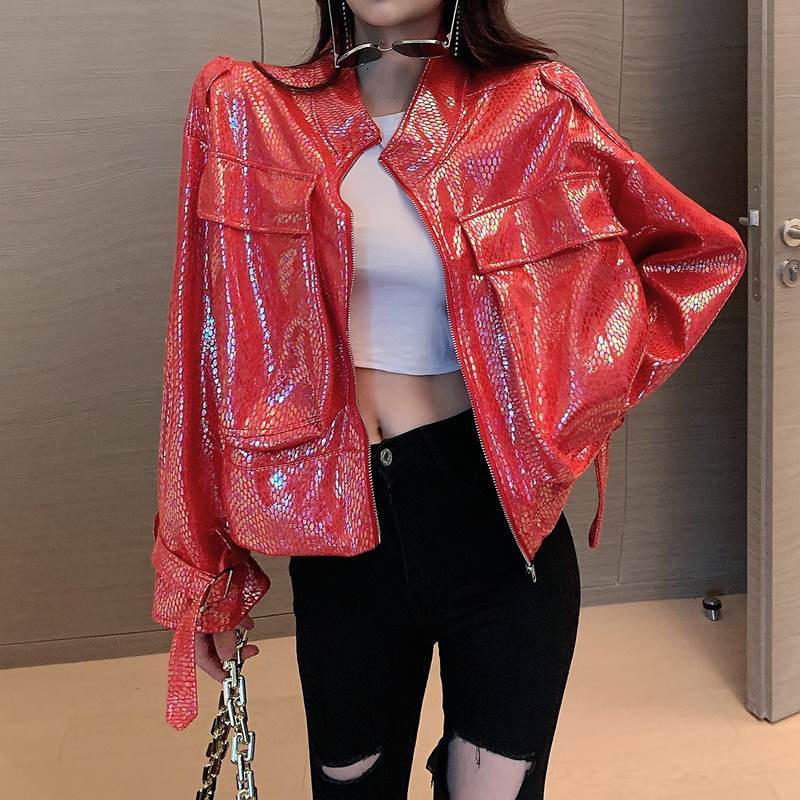 Chaqueta corta de charol para mujer, ropa de calle coreana, cazadora motera de PU, Top cálido de para primavera