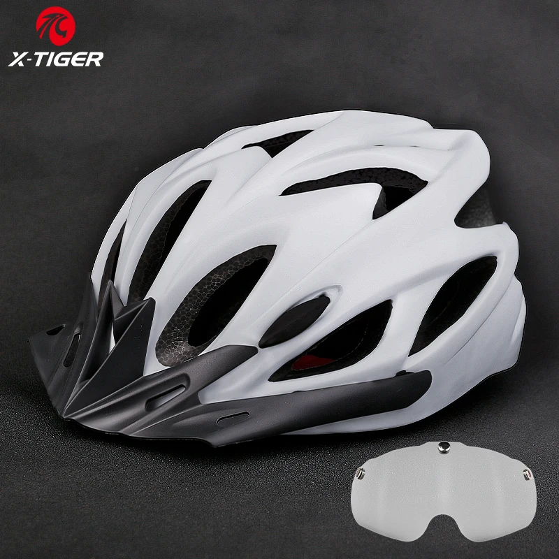 X-TIGER Casco de ciclismo Casco de bicicleta moldeado integralmente Luces LED Casco de bicicleta MTB Sombrero deportivo ultraligero seguro con gafas Visera: Azul