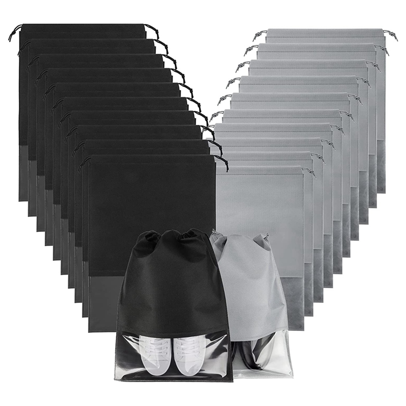 Sacs à chaussures de voyage 20 pièces, grands organisateurs d'emballage de pochettes pour chaussures, stockage de chaussures Non tissées avec corde épaisse noir + gris: Default Title