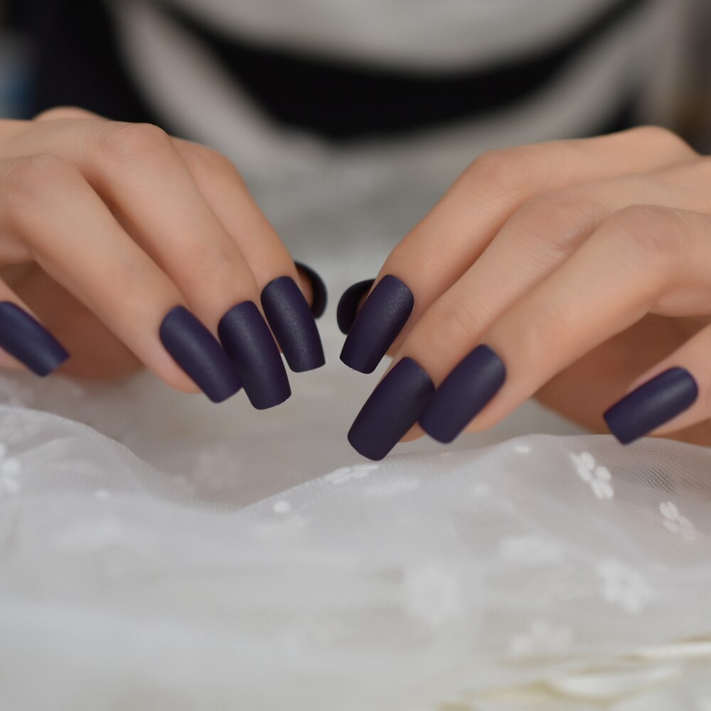 Rough Matte Square False Nails Dark Purple Frosted Acrylic Artificial Nails Medium Manicure Tips 24pcs