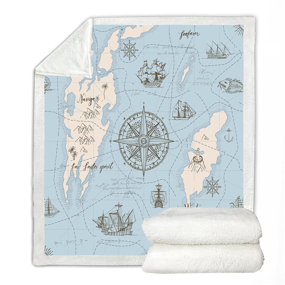 Reise eventyr sherpa fleece teppe seilyachter kaste teppe verdenskart fluffy teppe blå kompass nautisk tynn dyne: 01 / 150 cm x 200cm