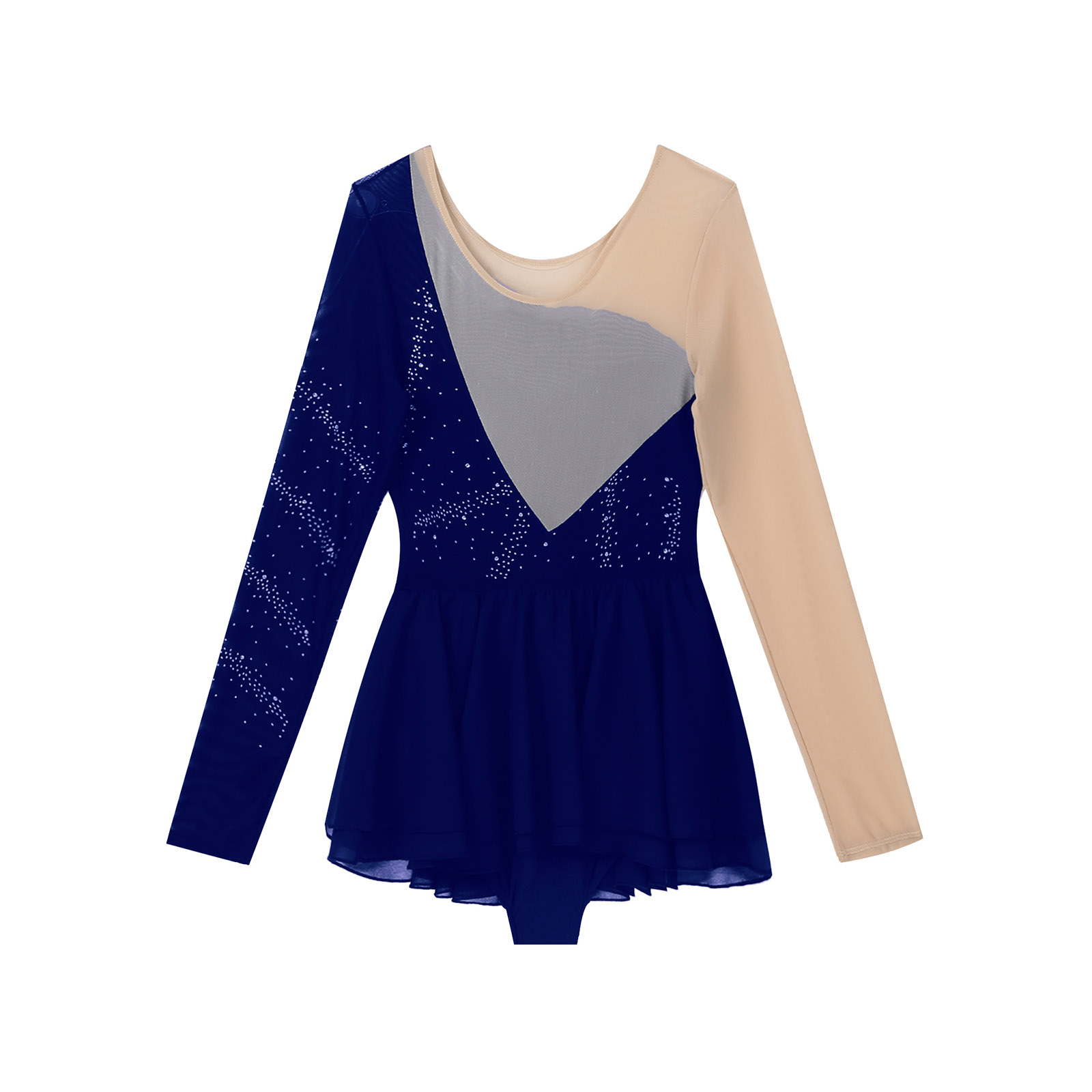 Women Adults Ballet Dance Dress Long Sleeves Mesh Splice Figure Ice Skating Dress Rhinestone Leotard Lyrical Modern Dance Dress