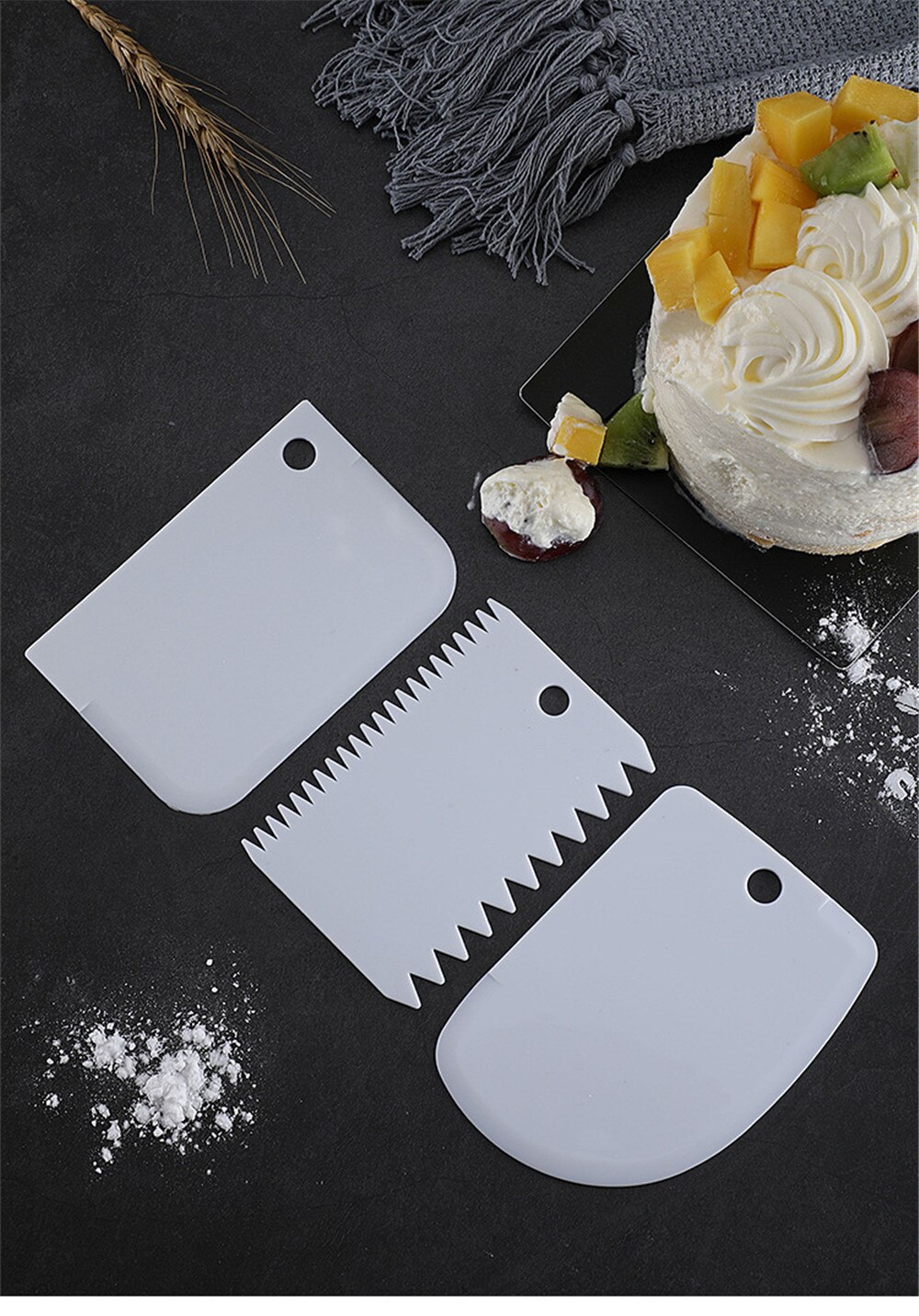 3PCS/Lot Dough Cake Cutter Slicer Spatula for Cake Cream Scraper Pasty Cutters Scraper Irregular Teeth Edge DIY Smoother: white