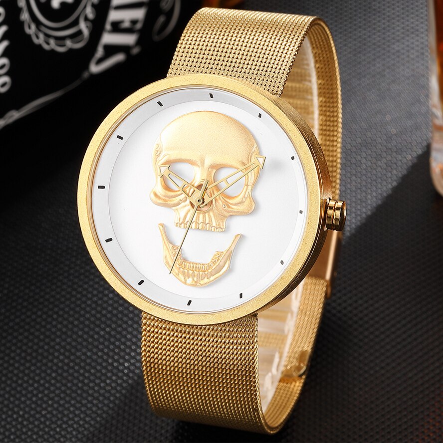 Black Gold Dial Quartz Watch Men 3D Skull Head Pattern Stainless Steel Steampunk Rock Engraved Cool Mexico Man Male reloj hombre: ROCK SKULL WATCH
