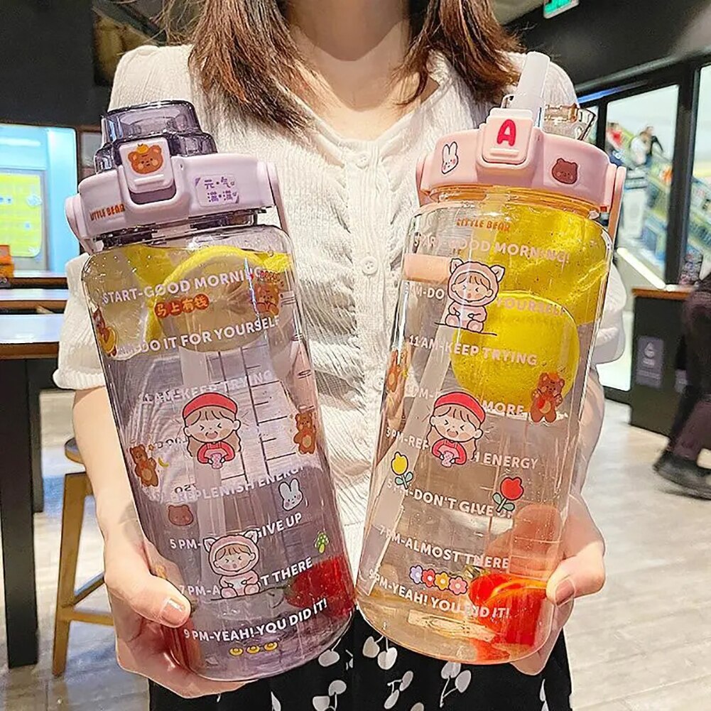 2L Große Kapazität Wasser Flasche mit prallen Kappe Timeline Erinnerung draussen Sport und Fitness Dicht Peeling Tasse mit aufkleber