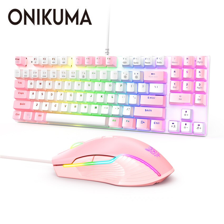 ONIKUMA G26 Wired 89-keys Mechanical Keyboard Mouse Set USB Interface Backlit Keyboard for Gaming Office Dedicated: White Pink