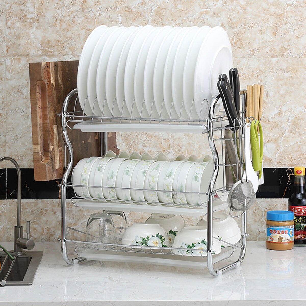 Estante de secado de platos de 2/3 niveles, cesta de hierro chapado, soporte para lavado del hogar, escurridor de platos para fregadero de cocina, estante organizador: H 3 Tier
