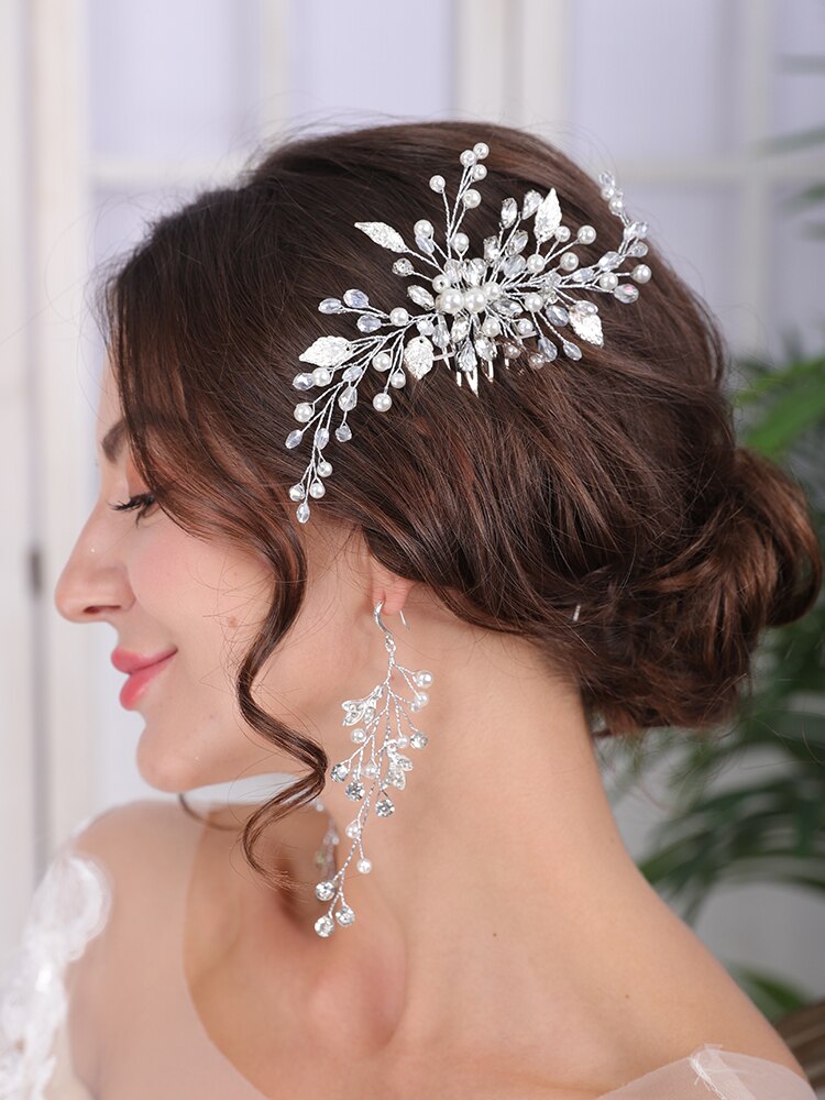 Peigne à cheveux en cristal perle argent, accessoires de mariée, ornements de cheveux pour future mariée, couvre-chef, fête de bal, accessoires de mariage pour femmes: Haircomb and earring