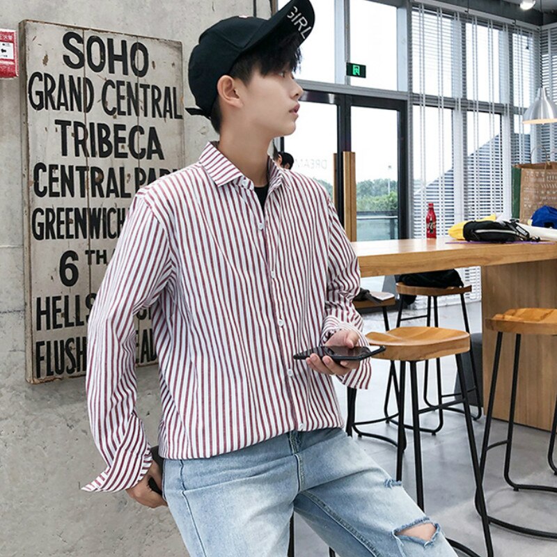 Skjorter herre stribet langærmet skjorte herre casual slim fit turn-down krave komfortabel koreansk stil simpelt mænd ulzzang tøj