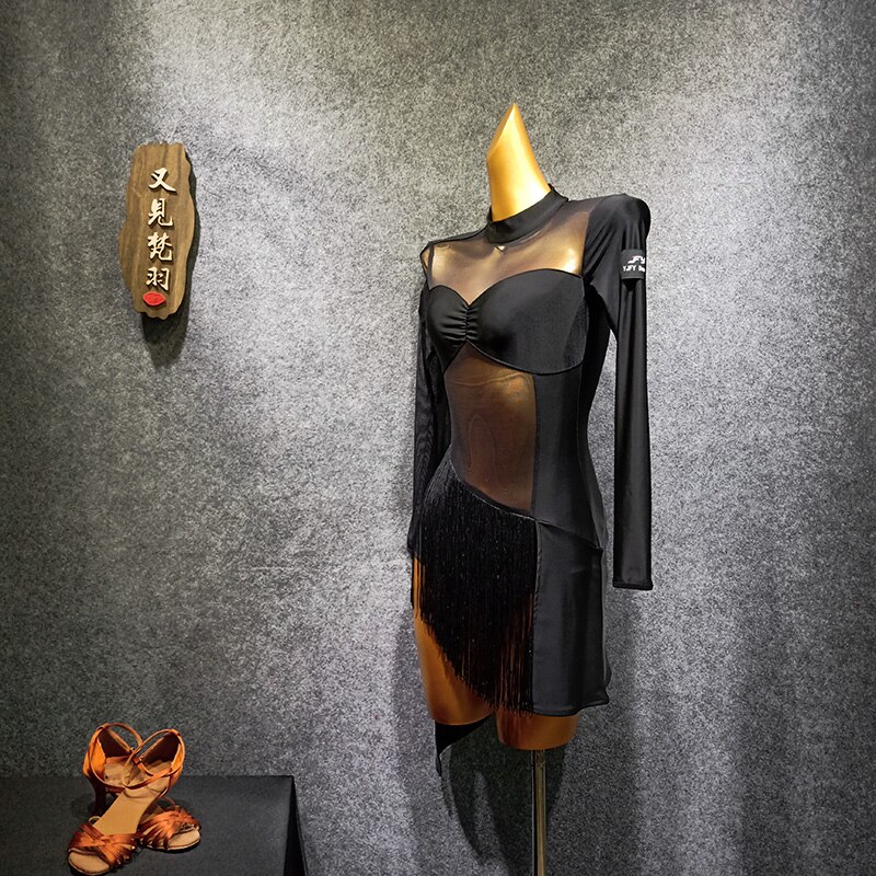 Latin Dance Dress Female Adult Dress Fringed Skirt Long Sleeve Dance Dress Tango Dress Women Ballroom Latin Dress