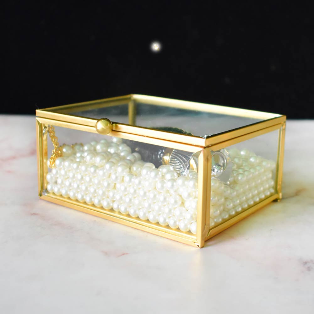 Open Lid Jewelry Ring Box Glass Jewelry Box Rectangular Transparent Small Jewelry Storage Box With Golden Rim And Lid