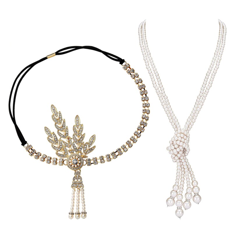 Great Gatsby Accessories Set for Women 1920s Flapper Pearl Necklace Headband Leaf Headpiece Party Costume Jewelry: gold T125