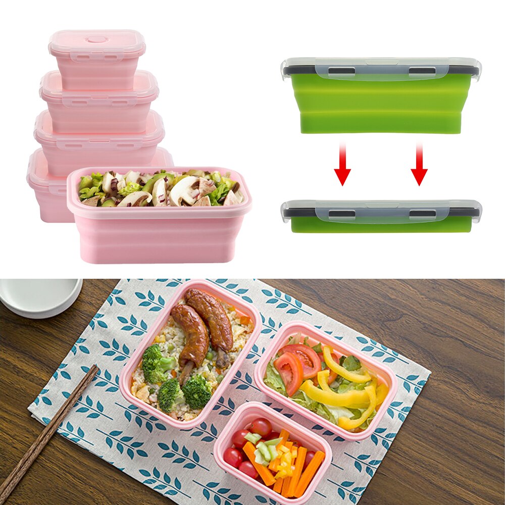 Silicone Folding Lunch Box Rectangle Portable Bowl Food Container Kitchen Picnic Box Eco-Friendly Collapsible Storage Tableware