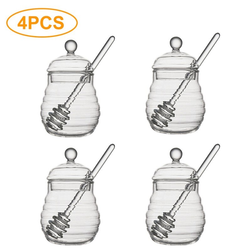 Frascos de vidrio para miel con caja 2 en 1, jarra de miel hecha a mano con cucharón, olla de miel de 11 onzas/14 onzas con barra de agitación, utensilios de cocina, novedad de 1/4 Uds: 4 PCS Small