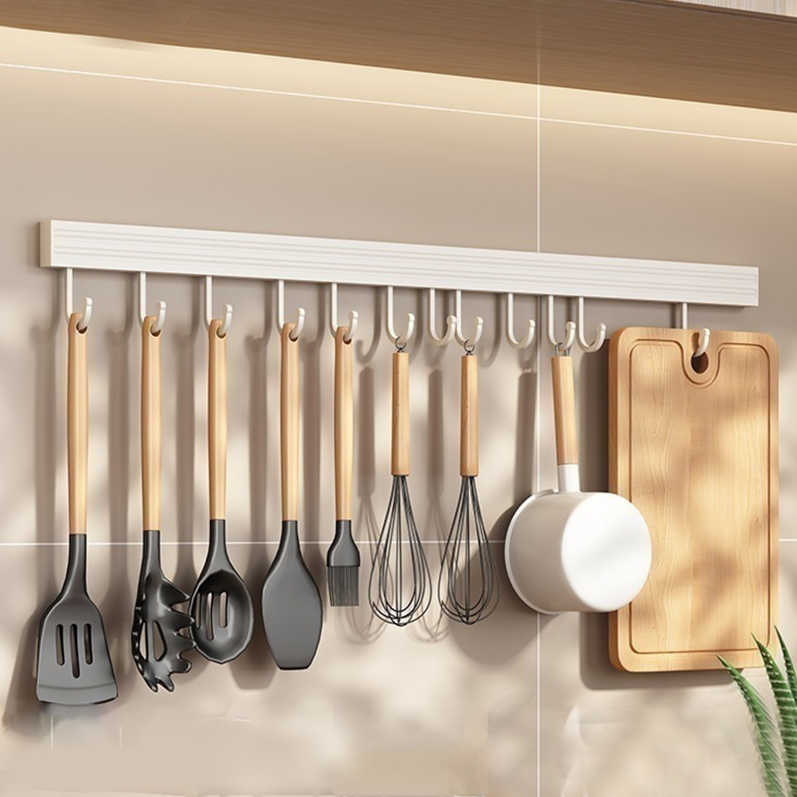 Wall Mounted Kitchen Hook Rack No-Punching Wall Hangers Rail Kitchen Utensils Rack Spoon Shovel Chopping Board Storage Rack