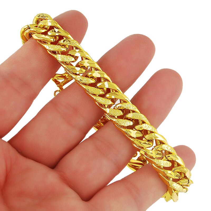 Alta Qualidade 24K Cor De Ouro Amarelo Clássica 9.5Mm Fosco Ligação Pulseira De Corrente Feminina Masculina Pulseira De corrente: Default Title