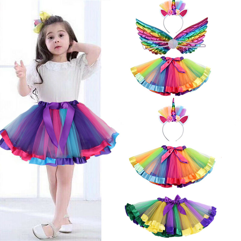3pcs Rainbow Cute Kids Dress Up Princess Angel Wing Bling Unicorn Tutu Skirt Suit