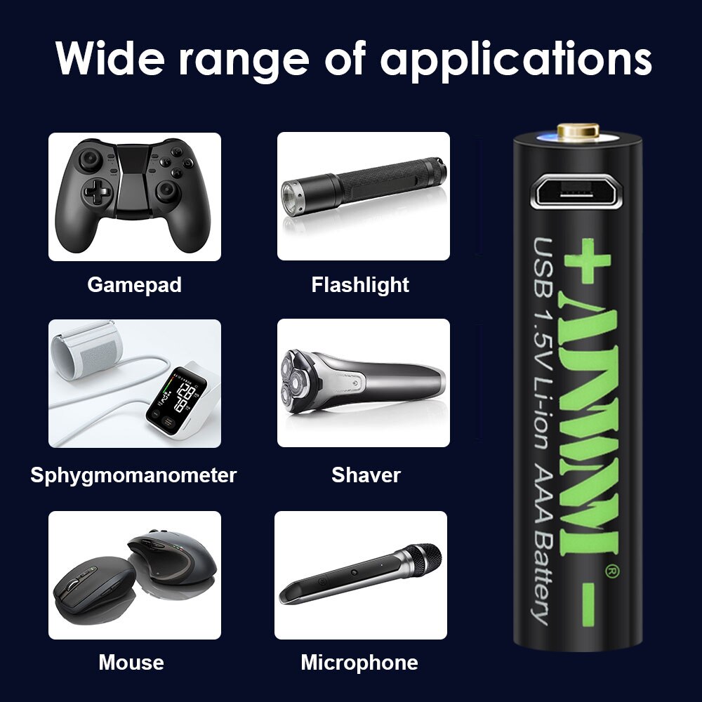 AJNWNM 1100mWh 1.5V AAA Lithium Rechargeable USB Battery AAA 1.5V Li-ion Battery For Remote control Wireless mouse aaa battery
