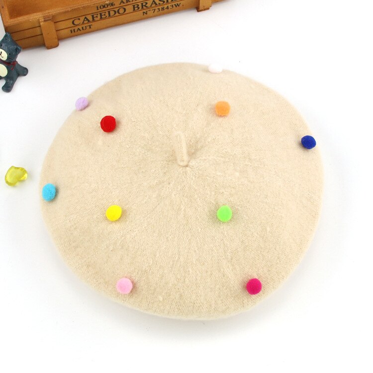 Boina de lana de invierno para niña, gorros cálidos Vintage para niños, boina plana para niñas, boina para mujeres, sombrero de invierno, traje para 3-6 años: Beige