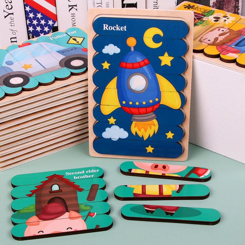 1pc Kids Wooden Toy Double-sided 3d Puzzle Stories Strip Puzzle Stacking Jigsaw Montessori Toy for Children Education