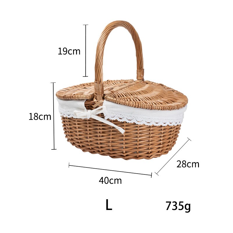Cesta de Picnic hecha a mano, bolsas de mimbre para el almuerzo, cesta de almacenamiento de Compras de para Camping con tapa, cesta de almacenamiento de alimentos tejida para mujeres, cesta para fruta: L