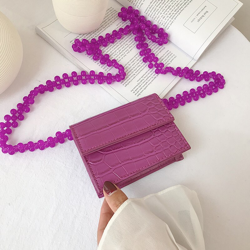 Mini pierre rabat petit sac carré été en cuir PU femmes sac à main perlé épaule sac à bandoulière: Purple trumpet