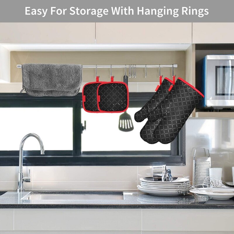 Gants De cuisine pour la Cuisson 2 Mitaines À Four et Sous 2 Pot Set De Support Antidérapant Résistant à la Chaleur Four à Micro-ondes